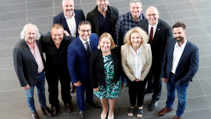 E. Bennett Walsh, Marty Pepper (KOJO), Dale Roberts (KOJO), The Hon. Steven Marshall MP Premier of South Australia, Michael Darren (Artisan Post Group), SAFC CEO Kate Croser, Mark Thorley (Mill Film), Gill Howe (Rising Sun Pictures), The Hon. David Pisoni MP Minister for Innovation and Skills, Grant Lovering (Resin)