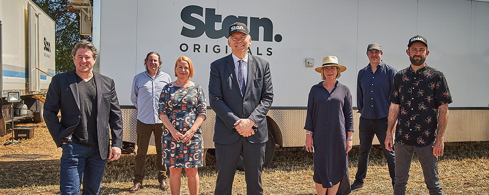 L-R: Stan CEO Mike Sneesby, SAFC Chair Peter Hanlon, SAFC CEO Kate Croser, The Hon David Pisoni MP, Highview Productions’ Lisa Scott, Every Cloud Productions’ Mike Jones and Director Christiaan Van Vuuren.