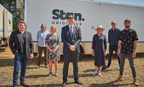 L-R: Stan CEO Mike Sneesby, SAFC Chair Peter Hanlon, SAFC CEO Kate Croser, The Hon David Pisoni MP, Highview Productions’ Lisa Scott, Every Cloud Productions’ Mike Jones and Director Christiaan Van Vuuren.