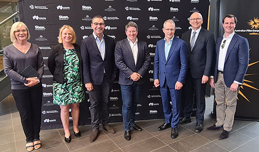 L-R: Producer Lisa Scott, SAFC CEO Kate Croser, SA Premier Steven Marshall, Stan CEO Mike Sneesby, Minister for Communications, Cyber Safety and the Arts Paul Fletcher, SA Minister for Innovation and Skills David Pisoni, James Stevens MP Federal Member for Sturt