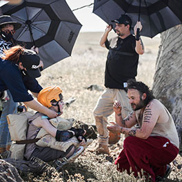 Eadan McGuinness with Daniel Henshall and crew on location for A Sunburnt Christmas, image copyright Every Cloud Productions, photo by Ian Routledge.