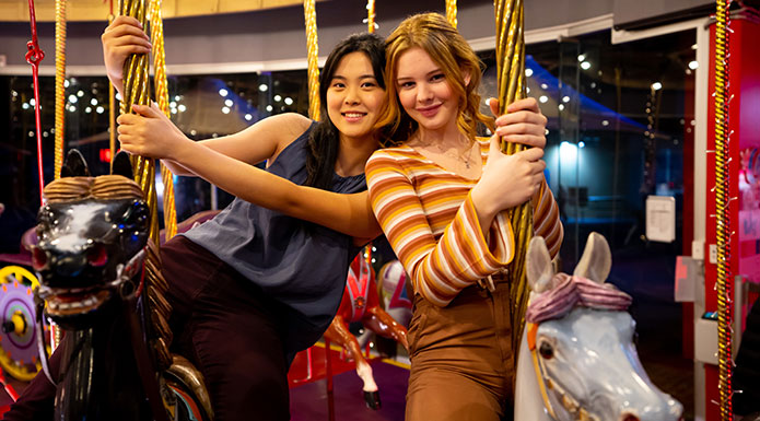 Elena Liu as Olivia, Evie Macdonald as Hannah, in First Day S2, photo courtesy ABC