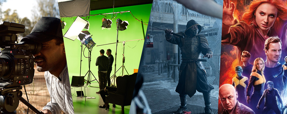Collage image: Zibeon Fielding BTS of Running 62; Are You Addicted to Technology BTS, Closer Productions; Mortal Kombat BTS, photo by Mark Rogers, Warner Bros; X Men Dark Phoenix, image supplied.
