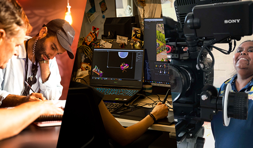 Image (L-R): 1st AD Rick Beecroft and 2nd AD Wayne Nassereddine working on 2067, photo by Matt Byrne; an artist at work at Mighty Kingdom, photo by James Elsby; photo by Carl Kuddell © Change Media 2019; a still from Love and Monsters showing PDV work by Mr X, image supplied.