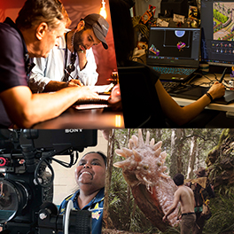 Image (clockwise top left): 1st AD Rick Beecroft and 2nd AD Wayne Nassereddine working on 2067, an artist at work at Mighty Kingdom, photo by James Elsby; a still from Love and Monsters showing PDV work by Mr X, image supplied; photo by Carl Kuddell © Change Media 2019