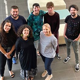 The inaugural filmmaking teams selected for Film Lab New Voices round one: back row Pete Ninos, Bettina Hamilton, Lucy Campbell, and Matt Vesely - Front row Georgia Humphreys, Madeleine Parry, Peta Bulsara (Astbury)