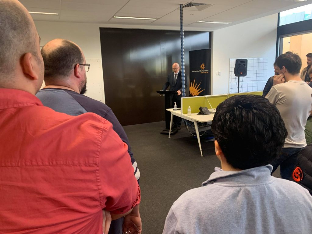 Minister for Innovation and Skills David Pisoni addressing participants of the SAFC's Skilling SA training and skilling program at a special networking event at Adelaide Studios, 1 October 2021.