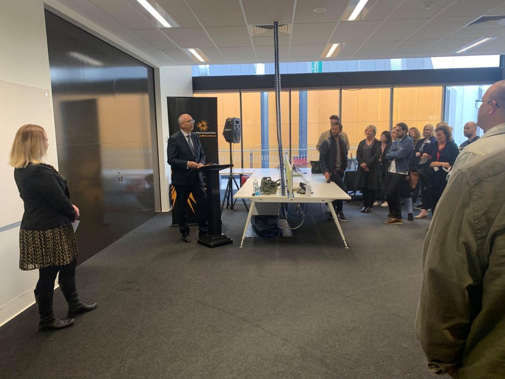 Minister for Innovation and Skills David Pisoni addressing participants of the SAFC's Skilling SA training and skilling program at a special networking event at Adelaide Studios, 1 October 2021.