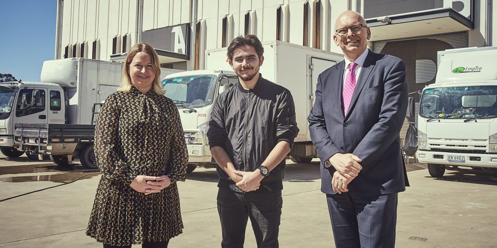 SAFC CEO Kate Croser, Firebite Attachment Keith Gilbey Warrior, and Minister for Innovation and Skills David Pisoni at Adelaide Studios, photo by Ian Routledge