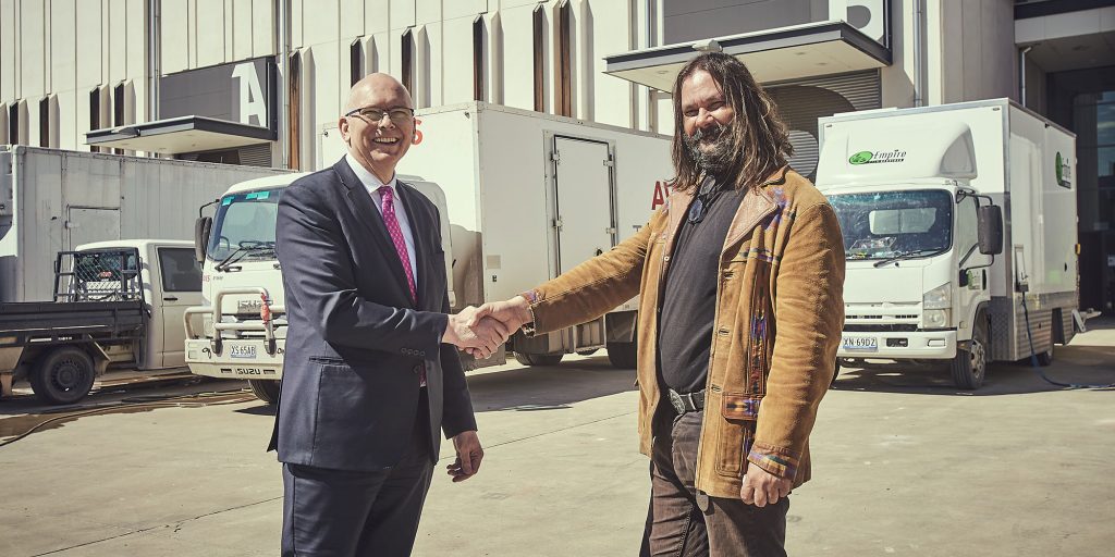 Minister for Innovation and Skills David Pisoni with Firebite director Warwick Thornton at Adelaide Studios, photo by Ian Routledge