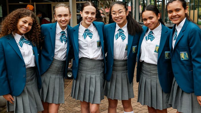 Jada Lee Henry (Kyra), Stella Shute (Tess), Zoe Burns (Scarlett), Akira Van (Li), Luciana Valdez Tirdao (Maya), Eva Grados (Alkira) on set for Gymnastics Academy: A Second Chance, image courtesy of Glen Pictures