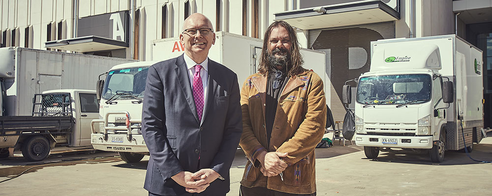 Minister for Innovation and Skills David Pisoni with Firebite director Warwick Thornton at Adelaide Studios, photo by Ian Routledge