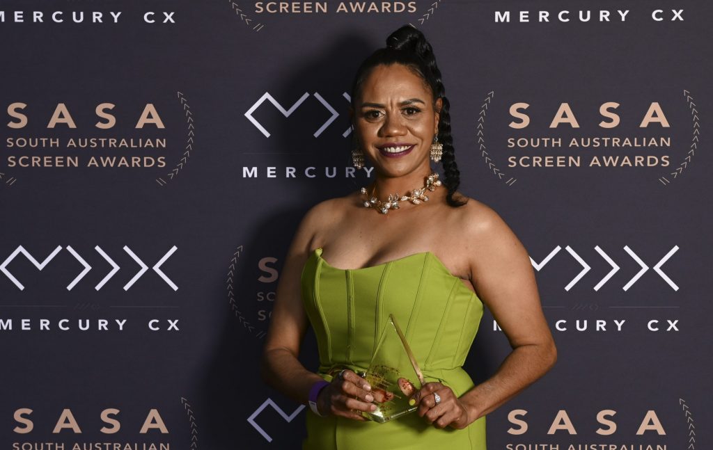 Natasha Wanganeen with her award for the inaugural Best First Nations Talent Award sponsored by South Australian Film Corporation