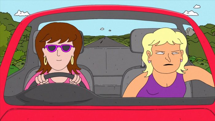 A still from Yolo Crystal Fantasy of two cartoon women in a car.