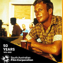 A still from film Sunday Too Far Away featuring Jack Thompson, with a banner reading "50 years, 1972 to 2002, South Australian Film Corporation"