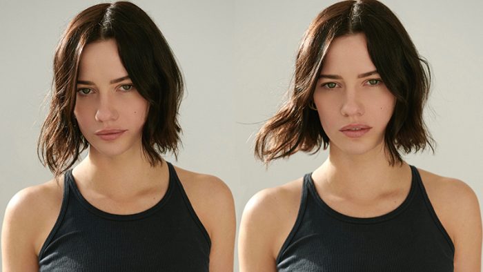 Two photos side by side of a young woman with chin-length dark hair, wearing a black singlet