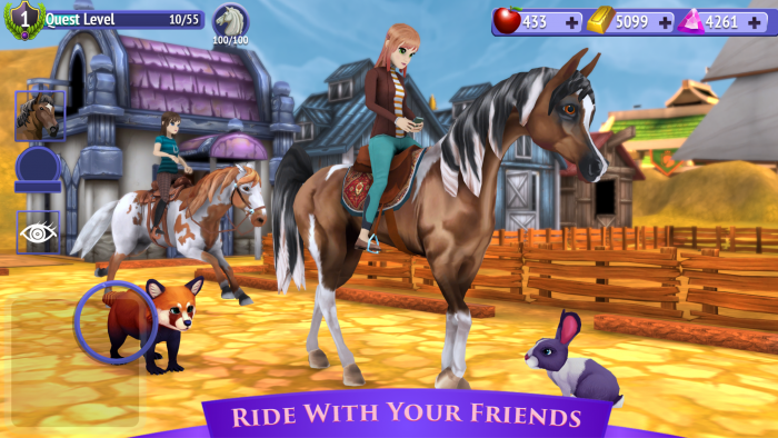 two animated girls riding horses in a farm setting. the text reads 'ride with your friends'.