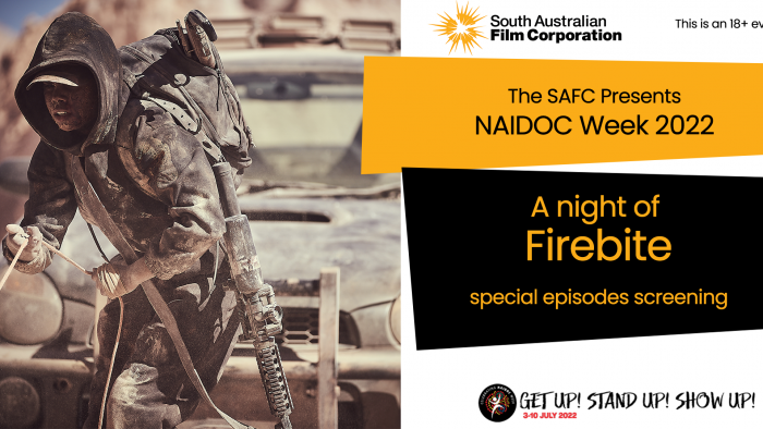 A woman covered in dust wearing a hoodie holds a rope, in the outback. Text along side this image reads 'the safc presents naidoc week 2022, a night of firebite special episodes screening'. the naidoc and safc logos are also on the banner.