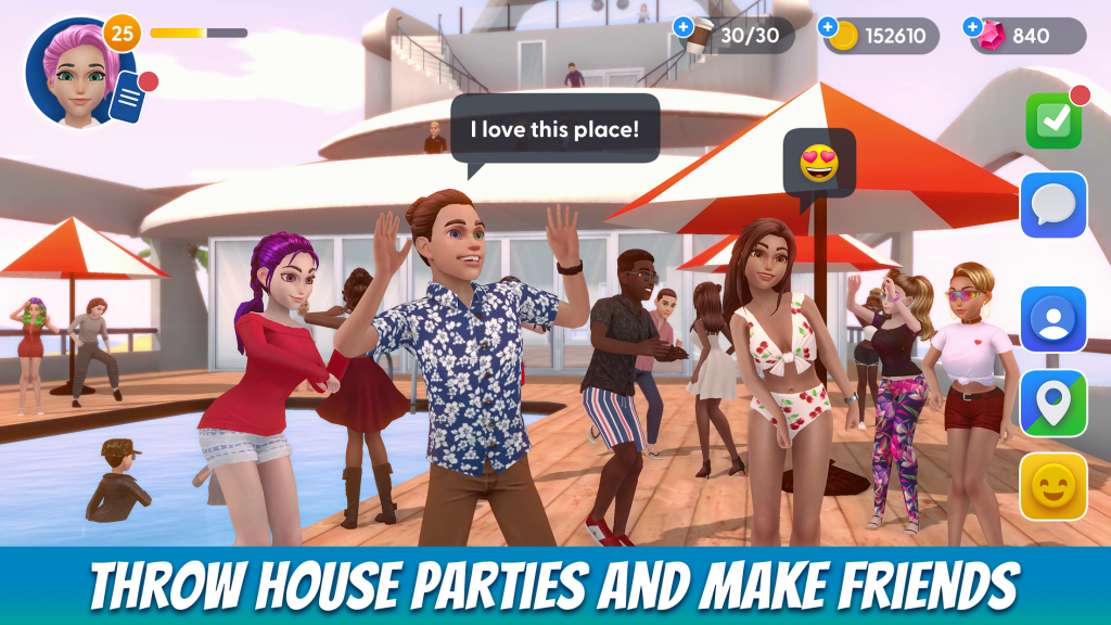 A group of animated people stand around a pool having a party. the text reads 'throw house parties and make friends'.