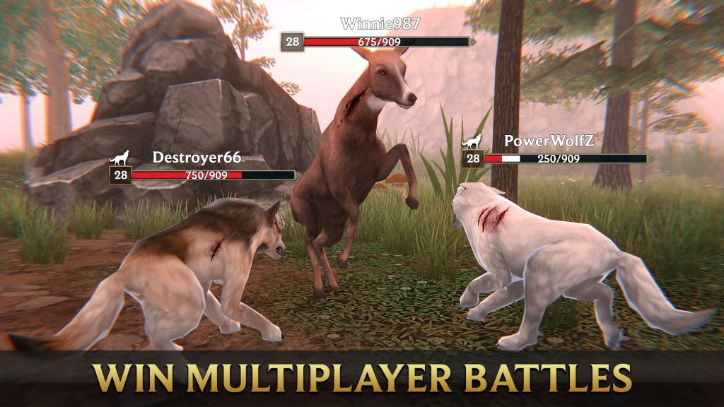 two animated wolves with gashes on them corner a deer in a forest. the text reads 'win multiplayer battles'.