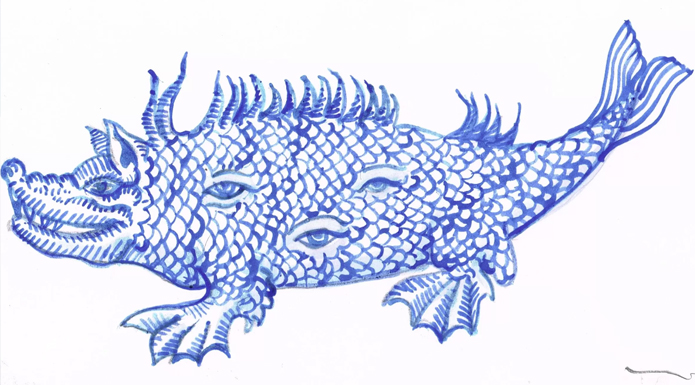 A drawing of an aquatic monster in blue paint on white paper