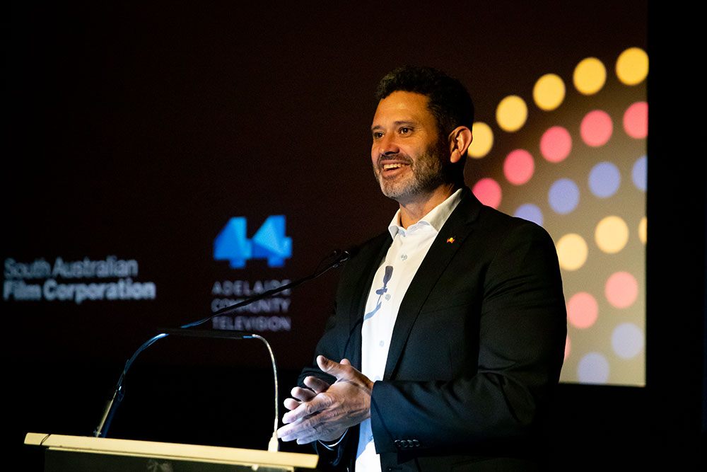 Attorney-General and Minister for Aboriginal Affairs Kyam Maher MLC speaking at the Mob Talks launch at Mercury cinema, photo by Clare Elvia