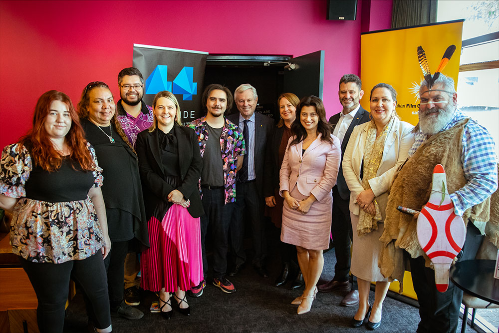L-R Star Sandford, Pauline Clague, Rick Hutcheson, Lauren Hillman, Keith Gilbey-Warrior, Mike Rann, Kate Croser, Arts Minister Andrea Michaels, Attorney-General and Minister for Aboriginal Affairs Kyam Maher, Tyme Childs, Uncle Mickey O'Brien at the Mob Talks launch at Mercury CInema, photo by Clare Elvia