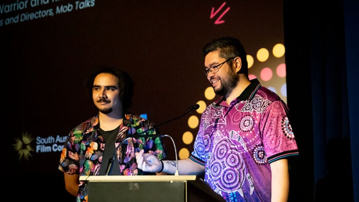 Mob Talks Producers and directors Keith Gilbey-Warrior and Rick Hutcheson speaking at the launch of Mob Talks, photo by Clare Elvia.