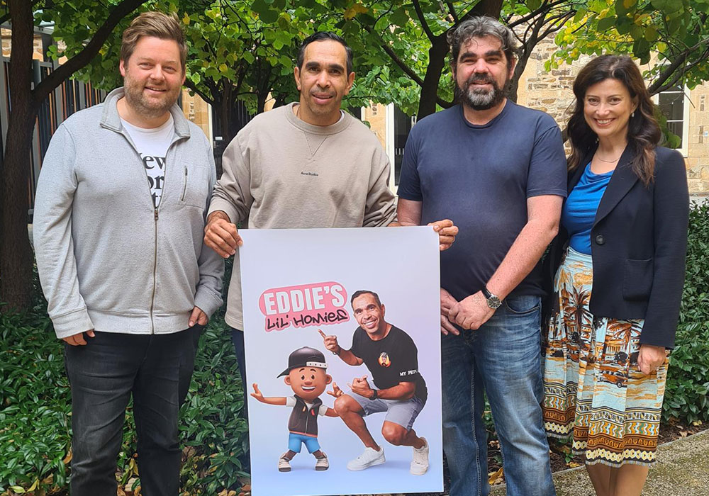 Eddie's Lil' Homies Co-Director Luke Jurevicius, producer Eddie Betts, Director Arthur Moody and SA Arts Minister Andrea Michaels at Adelaide Studios