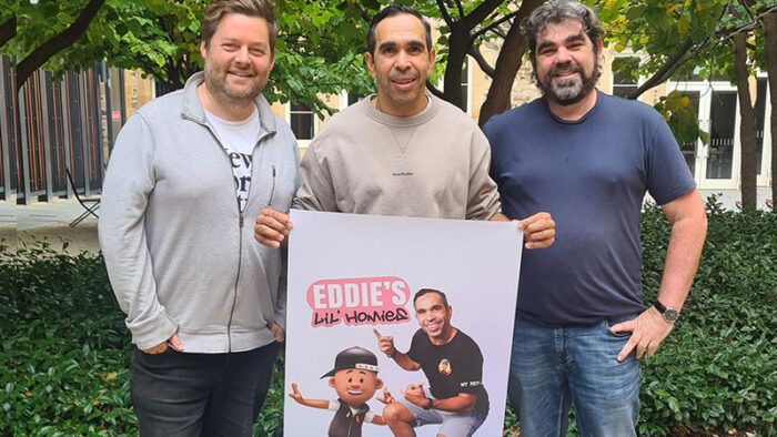 Luke Jurevicius, Eddie Betts, and Arthur Moody at Adelaide Studios for Eddie's Lil' Homies