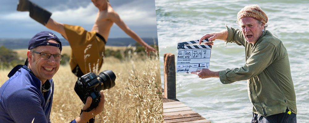 SA photographer and cameraman Chris Herzfeld (left, photo courtesy Camlight); assistant director Chris Webb on set of Storm Boy (R)