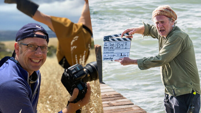 SA photographer and cameraman Chris Herzfeld (left, photo courtesy Camlight); assistant director Chris Webb on set of Storm Boy (R)