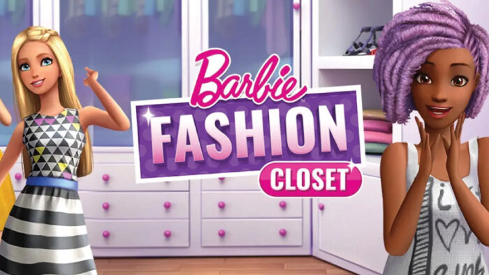 Animated Barbie characters in a large closet with the title 'Barbie Fashion Closet' displayed prominently in the centre.