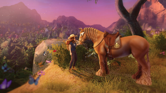 An animated hilly landscape with a girl wearing a cowboy had and backpack standing with a large horse in the centre of the frame.