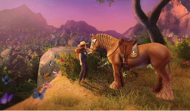 An animated hilly landscape with a girl wearing a cowboy had and backpack standing with a large horse in the centre of the frame.