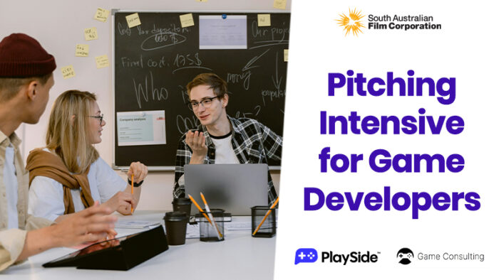 A group of people sit in front of a chalkboard with drawing and notes on it. Text says "Pitching Intensive for Game Developers"