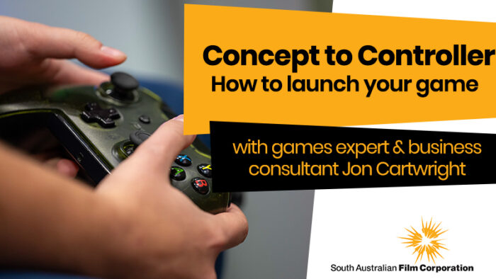 A person holds a video game controller. Text reads "Concept to Controller: How to laucnh your game with games expert & business consultant Jon Cartwright