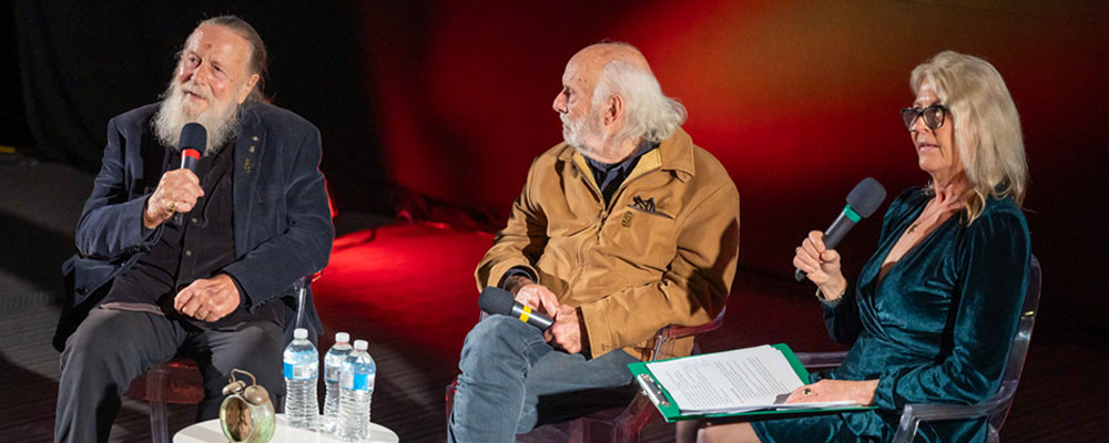 Jack Thompson AM, Matt Carroll and ABC's Deb Tribe during the "Sunday Too Far Away" Q&A at Adelaide Studios on 23 May, 2025. Photo: Naomi Jellicoe