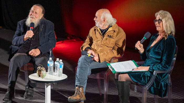 Jack Thompson AM, Matt Carroll and ABC's Deb Tribe during the "Sunday Too Far Away" Q&A at Adelaide Studios on 23 May, 2025. Photo: Naomi Jellicoe