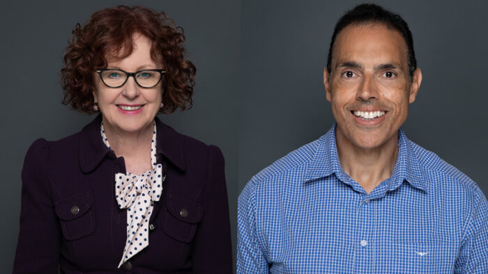 Angela Heesom and Shouwn Oosting in front of a blank wall