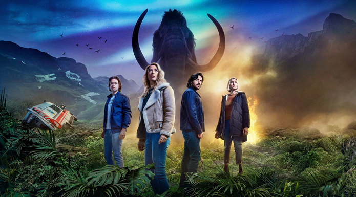 Four people stand in a mystical looking leafy mountain environment. Behind them is the silhouette of a wooly mammoth.
