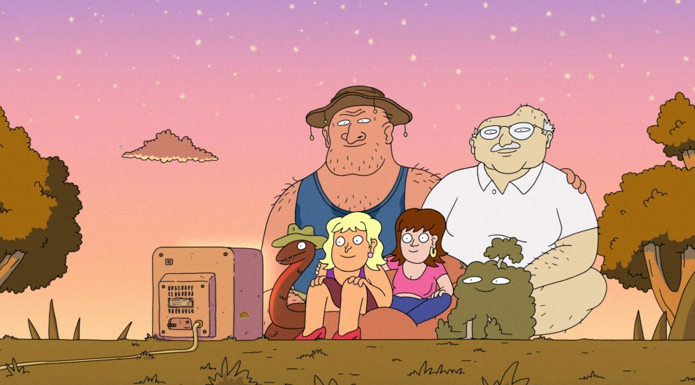 A surreal animated scene. Two women sit on a couch watching TV outside. Next to them, an anthropomorphised bush and snake wearing a hat. Behind them, two very large men.