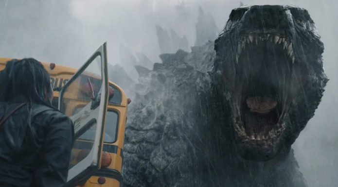 A dinosaur-like monster roars at a person hiding behind a car door.