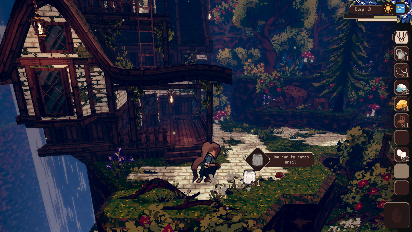 A gameplay still from Delphinium shows a character with a long flowing ponytail stand in a magical looking world, catching a snail with a jar.