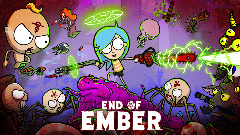 An animated image depicts Ember, a young blue haired girls, fighting off various demonic creatures.