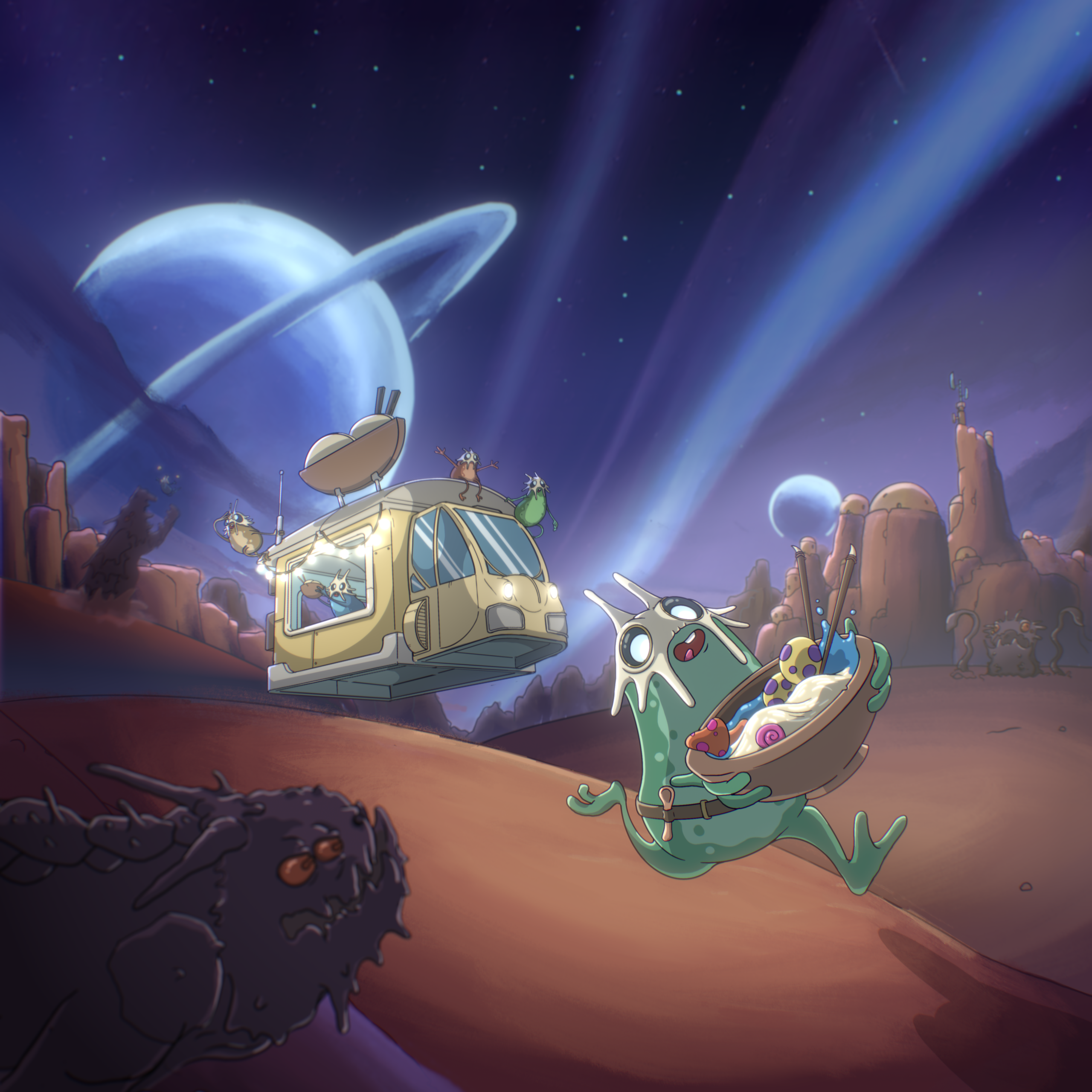 An animated image shows an alien holding a bowl of ramen run from a hover food truck. They are on a Mars-like planet, and a different planet can be seen in the background.
