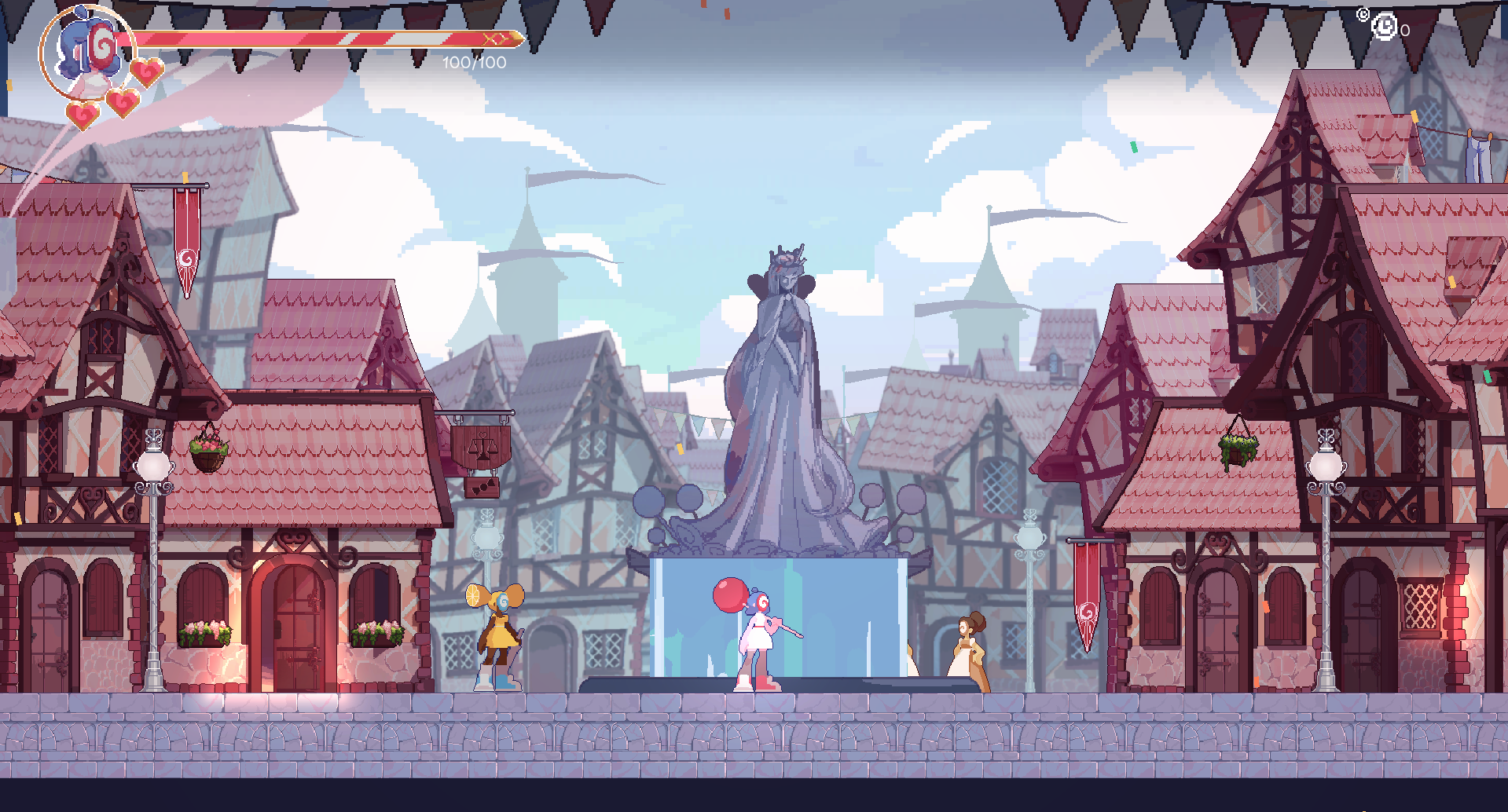 A gameplay still from Pepper shows a pink character in an old fashioned town.