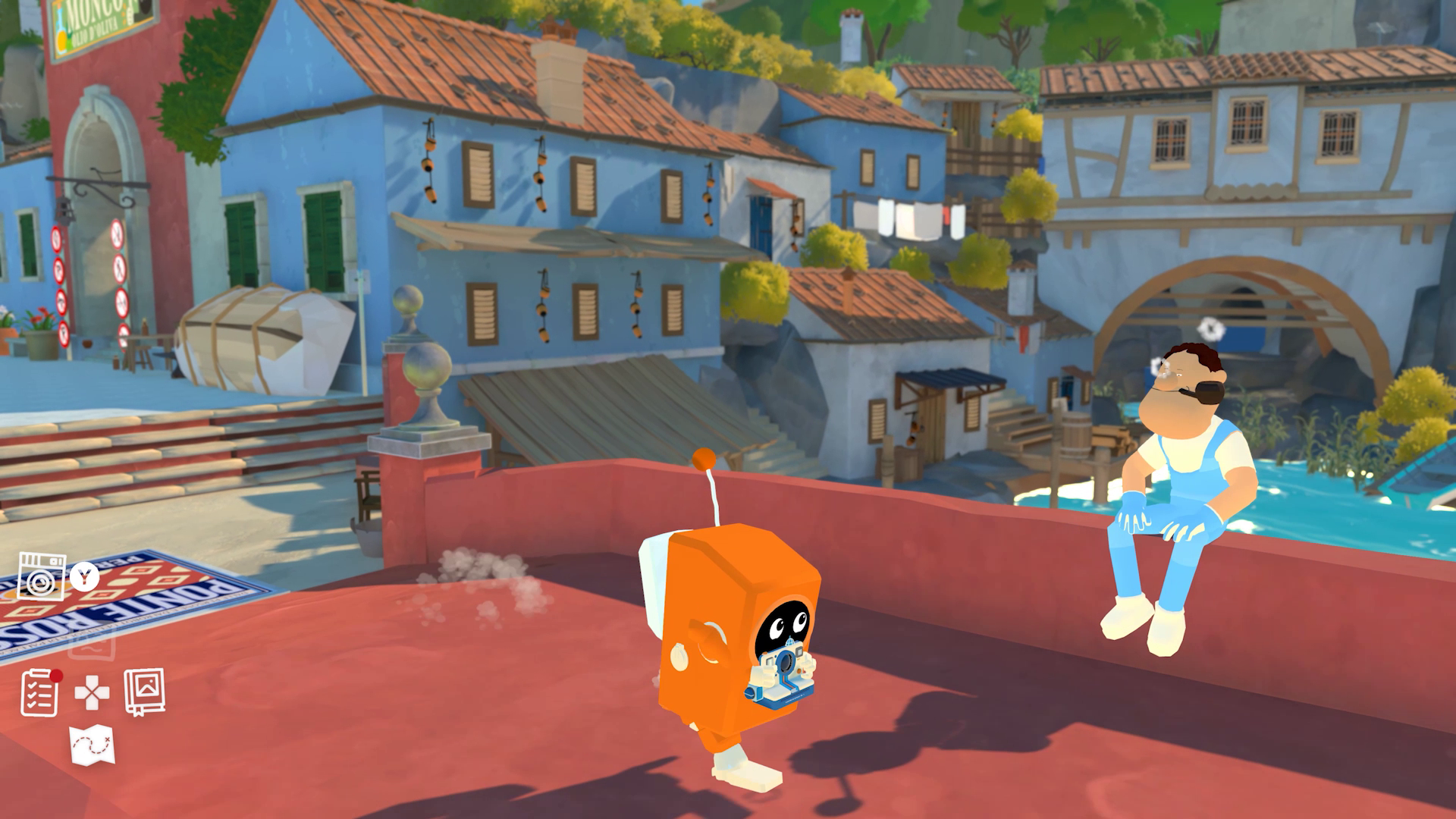 A gameplay still from Photo Roboto shows a robot character cross a bridge in a charming looking town.