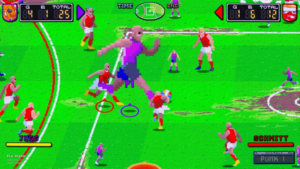 A gameplay still from Pro Jank Footy shows a giant Aussie rules football player on the field alongside much smaller players.