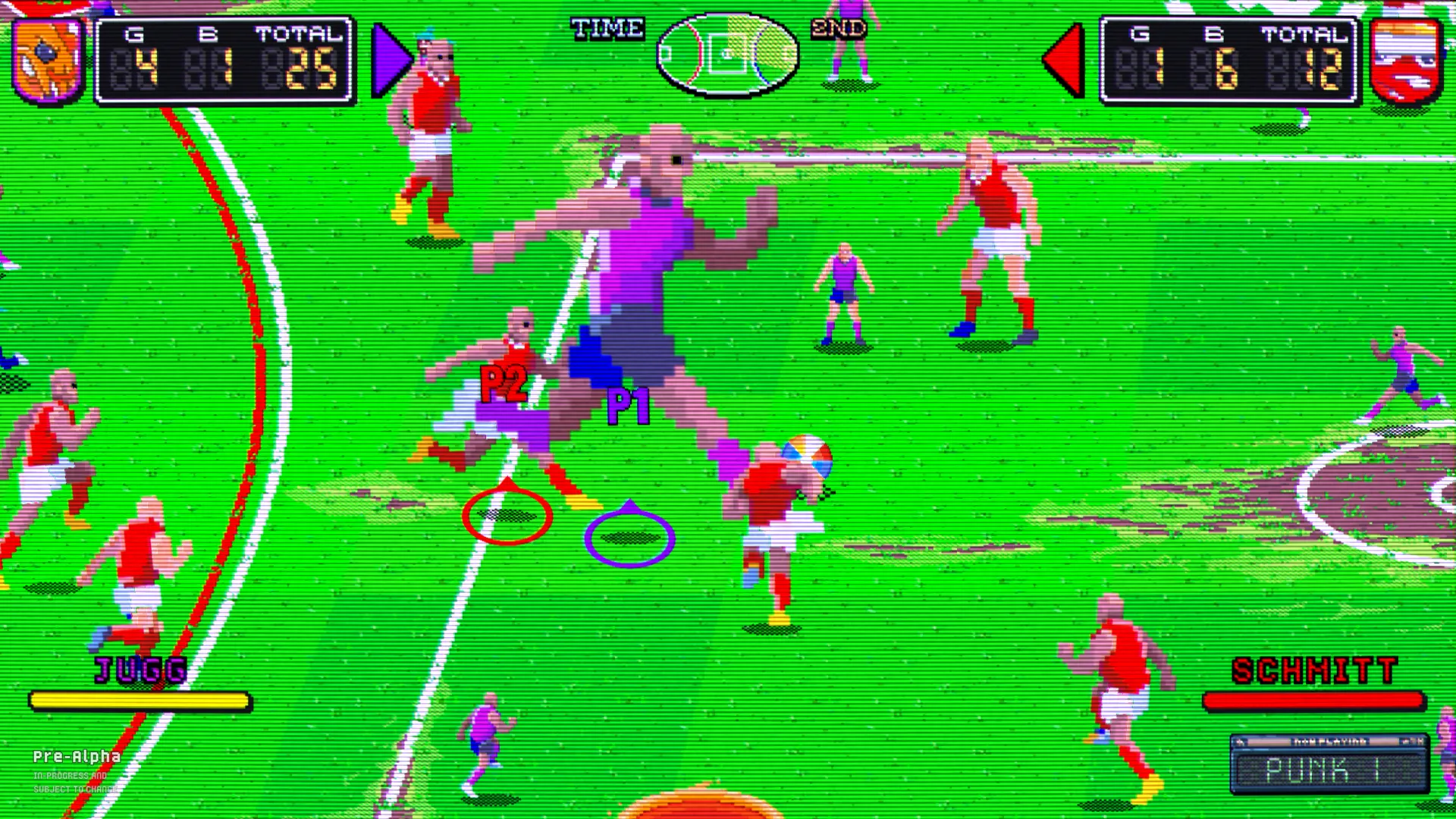 A gameplay still from Pro Jank Footy shows a giant Aussie rules football player on the field alongside much smaller players.